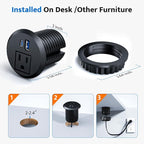 Recessed Power Grommet with 20W USB C Fast Charging, 2 inch Conference Recessed Outlet,Flush Mount for Desk,Office Tables,Furniture,6FT Cord, 45° Thin Flat Plug (Black, Grommet Outlet)