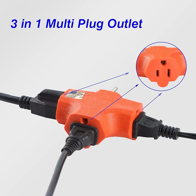 3 Outlet Adapter 3 Way Outlet Splitter - 3 T-Shaped Adapter Outdoor Power Splitter Grounded Wall Tap Adapter Heavy Duty (3, Orange), Lighting Apparatus