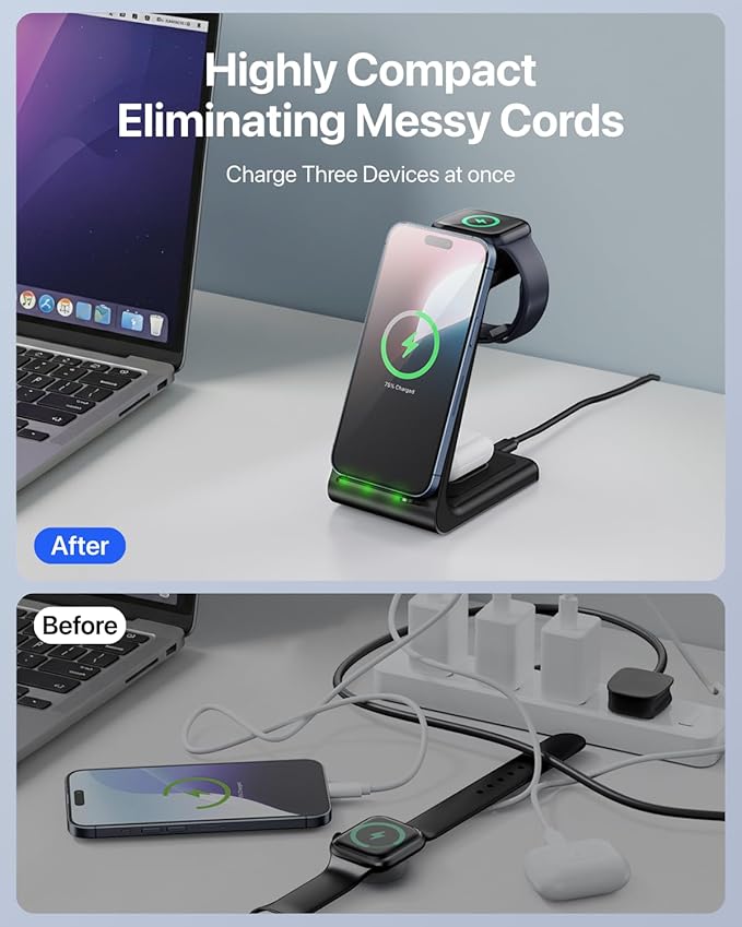 Intoval 3 in 1 Wireless Charging Station for iPhone and Apple Watch,Fast Wireless Charger Stand,Compact Desk Charging Dock for iPhone17 16 15 14 13/Pro/Max, iWatch11 10 9 Ultra/SE 3/3,AirPods
