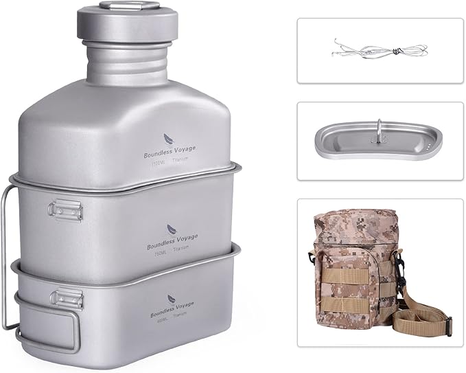 Boundless Voyage Titanium Canteen Mess Kit with Camouflage Bag Large Capacity Kidney-Shaped Camping Pot Pan Set with Lid & Hanging Chain
