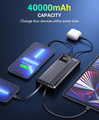 Power-Bank-Portable-Charger - 40000mAh Power Bank Support PD 30W and QC4.0 Fast Charger with Built-in 2 Output Cable and LED Display for iPhone and Android Phones and Most Electronic Devices