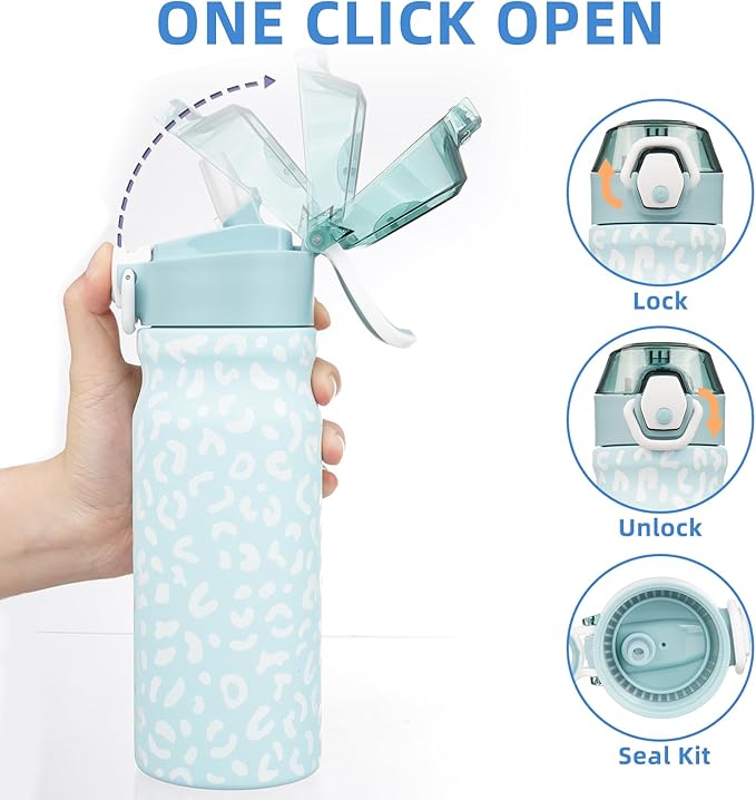 BJPKPK Insulated Water Bottle 18oz Stainless Steel Water Bottles With Straw And Carry Handle Double Wall Metal Thermo,Light Blue Leopard