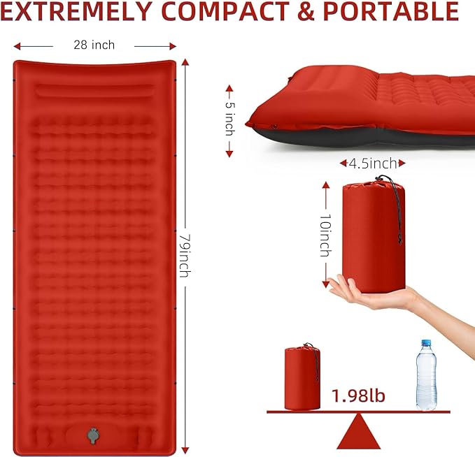 Double Sleeping Pad Camping, Self Inflating 6'' Extra-Thick 2 Person Pillow Built-in Foot Pump Waterproof Inflatable Sleeping Mat Backpacking, Tent, Hiking, Portable Camping Pad
