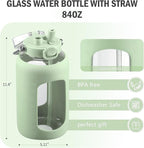 BLUEGO 84oz Water Bottle Glass with Stainless Steel Handle Large 2.5l Water Bottle with Time Markers and Silicone Sleeve Half Gallon Water Jug BPA Free for Gym Daily Use, Light Green