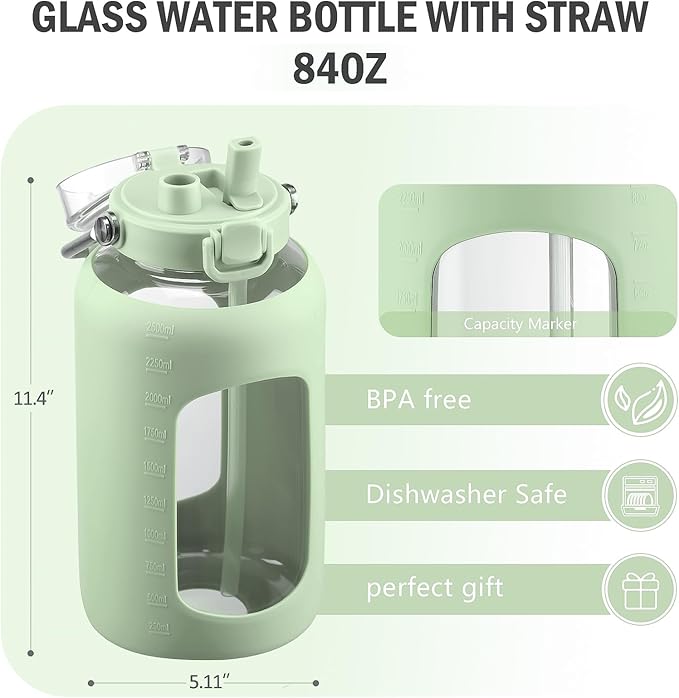 BLUEGO 84oz Water Bottle Glass with Stainless Steel Handle Large 2.5l Water Bottle with Time Markers and Silicone Sleeve Half Gallon Water Jug BPA Free for Gym Daily Use, Light Green