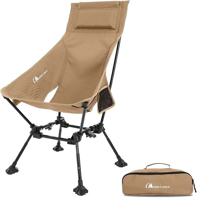 MOON LENCE High Back Folding Camping Chairs, Adjustable Height Beach Chair with Anti-Sinking Feet & Widened Seat (Khaki)