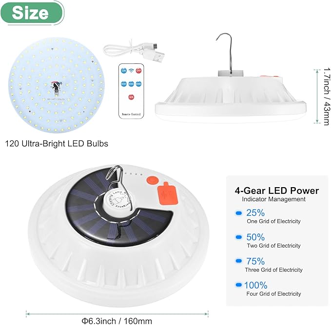 Portable Rechargeable Camping Lights, Tent Lights LED Lantern Power Solar Battery Powered, 5 Lighting Modes, IP65 Waterproof Flashlight for Hiking/Emergency/Night Fishing