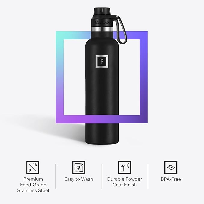 IRON °FLASK Camping & Hiking Hydration Canteens - 3 Lids (Narrow Spout Lid) Leak Proof Vacuum Insulated Stainless Steel - Hot & Cold Double Walled Sports Water Bottle - Aurora, 24 Oz