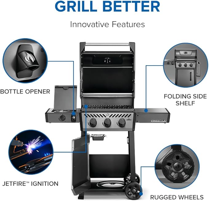 Napoleon Freestyle 365 Propane Gas Outdoor Grill with Range Side Burner, Graphite Grey – 4-Burner BBQ for Versatile Cooking