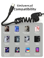 Quickeep Car Carplay Cable 3ft Coiled USB A to USB C Fast Charge Cord for iPhone 16/15/Plus/Pro Max/MacBook Pro, Auto Coiled Retractable iPhone Car Cord