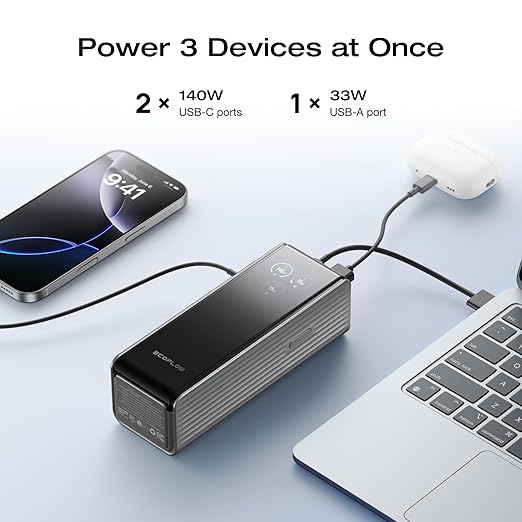 EF ECOFLOW Rapid Power Bank 25,000mAh, 170W Portable Charger with Dual 140W USB-C Ports for Multi-Device Charging, Smart TFT Screen, Compatible with iPhone Series, Samsung, Laptop and More (Silver)