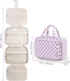 Narwey Travel Toiletry Bag for Women Large Hanging Makeup Bag Organizer Toiletries Bag for Full Size Essentials Accessories Cosmetics (Purple Checkerboard (Large))
