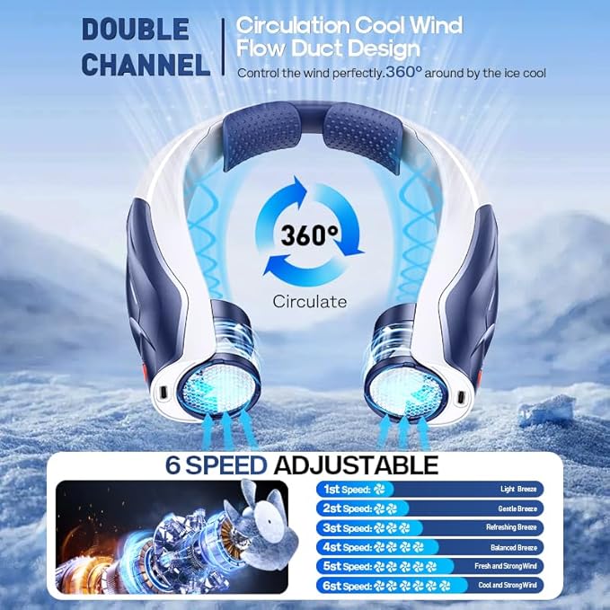 Neck Fan for Men Portable: 5S Fast Cooling, 6000mAh Battery Air Volume, 6 Speeds, Personal Fan for Fathers, Dad - Ultra-Quiet, USB Quick Rechargeable Wearable Cooling Fan (Dark Blue)