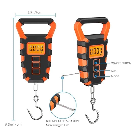 Portable Luggage Scale, 50KG Digital Fishing Scale with Ruler Portable Travel Luggage Weighing Scale Digital Fishing Scale Kitchen Food Scale(Orange)