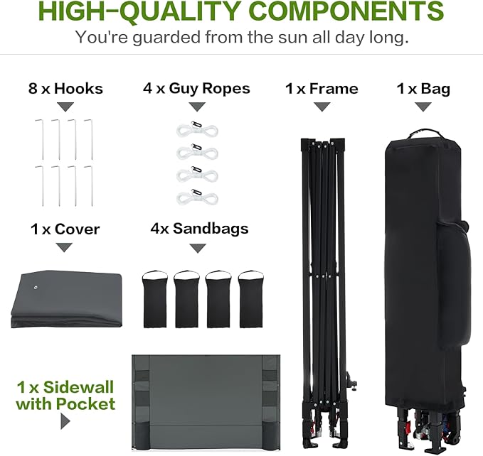 10'x10' Pop Up Canopy Tent with 1 Sidewall and 6 Pockets, One Push Setup, Instant Shade Tent with Vented Roof for Beach Patio Outdoor, Case, 8 Stakes, 4 Ropes, 4 Sandbags (Gray, 10x10)