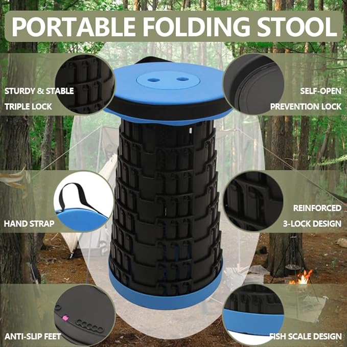 2025 Upgraded Foldable Stool, Capacity Max 660lbs Portable Retractable Small Folding Stool, Collapsible Telescoping Camping Stool for Adults Outdoor Fishing Hiking Gardening Travel BBQ