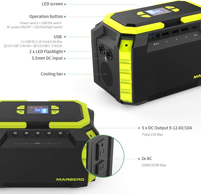 MARBERO 222Wh Portable Power Station 200W Solar Generator 60000mAh Power Bank with AC Outlet 110V 200W DC USB LED Flashlights Lithium Battery Power Supply for CPAP Camping Backup Emergency Home