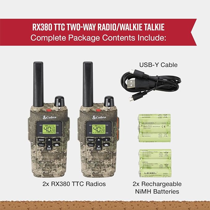 Cobra RX380 Walkie Talkies (2-Pack) – Weather Resistant Two Way Radios Long Range, 40 Pre-Programmed Channels, Weather Alerts, LED Flashlight, Long-Life NiMH Batteries (TrueTimber Strata Camo)