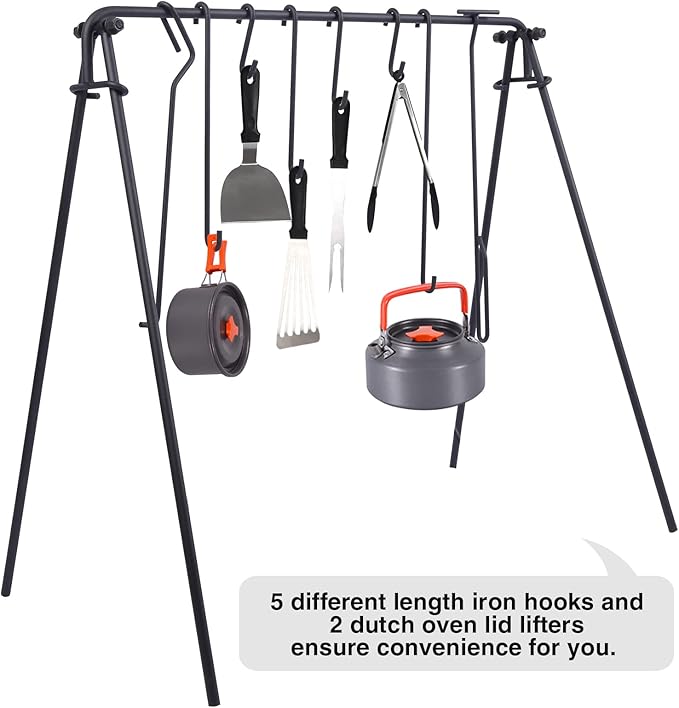 REDCAMP Swing Outdoor Campfire Grill Stand - Collapsible Campfire Cooking Rack with 6 Hooks & Stainless Steel Grill Grate, Portable Dutch Oven Hanger for Camping, Cookware, Bonfire, Rectangle