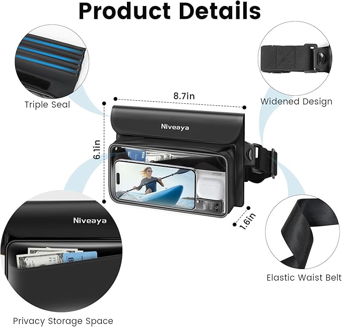 Niveaya IP68 Waterproof Fanny Pack - 2 Pack, Floating Dry Bag Pouch, Phone Waterproof Waist Pouch Dry Bag, Beach, Kayaking, Swimming, Boat Essentials, for iPhone 16/15/14/13/12 Pro Max up to 9.5"