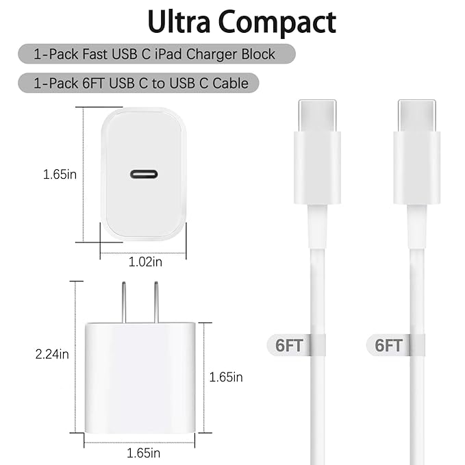 iPad Fast Charger,iPad Charger Fast Charging USB C Wall Chargers Block Plug Type C 6FT USB C to C Charging Cable Cord for iPad Pro 13/12.9/11 inch,iPad Air 6/5/4/M3/M2/A16,iPad Mini 6/7th,iPad 10/11th