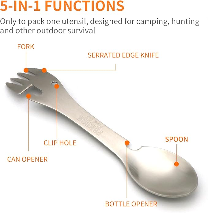 PSKOOK 5-in-1 Utility Tactical Spork, Stainless Steel Spoon & Bottle Opener, Fork & Knife, Can Opener Combo Camping Utensil for Hiking, Camping or Backpacking (Matte Silver)