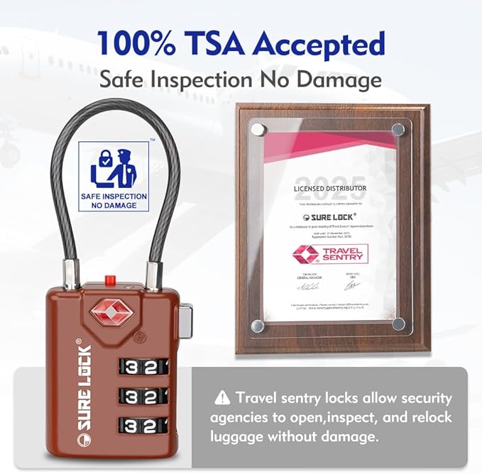 SURE LOCK TSA Approved Combination Luggage Locks with Open Alert Indicator – Durable Zinc Alloy Cable Travel Locks with Large Easy-Read Dials for Suitcases, Backpacks & Gym Bags