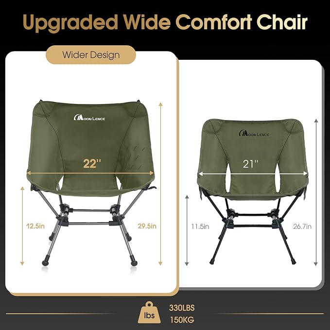 MOON LENCE Camping Chair Plus, Upgraded Comfort & Size, Still Compact and Lightweight, Folding Portable Chair for Backpacking & Hiking, 400Lbs Capacity, Gen 3 Plus (Green 2 Pack (Plus))