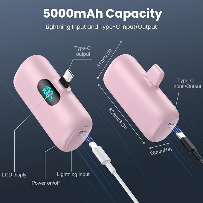 Mini Portable Charger 5000mAh Power Bank,15W PD USB C Cell Phone Portable Power, LCD Display Battery Pack Compatible With iPhone 15/15 Plus/15 Pro/15 Pro Max/Android/Samsung/Moto/LG (Type-C Only)