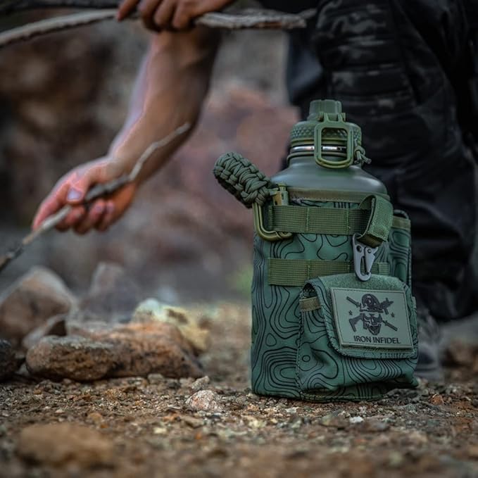 Iron Infidel Battle Bottle - Half Gallon Insulated Stainless Steel Water Jug with Handle - Gym Bottle for Men with Rugged Sleeve (Overland 2 Liter)