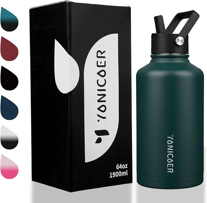 Insulated Water Bottle 64oz,Triple Wall Vacuum Stainless Steel(Dishwasher Safe),Leak Proof & Non-BPA,Flask Jug with Paracord Handle & Straw Spout Lids Sports Green