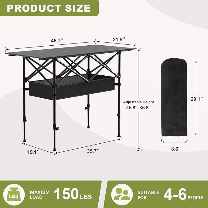 Folding Camping Table,Portable Roll-up Picnic Table with Carry Bag & Mesh Storage,Lightweight Camp Table for Camping,Picnic,Backyard,Party,Patio,BBQ