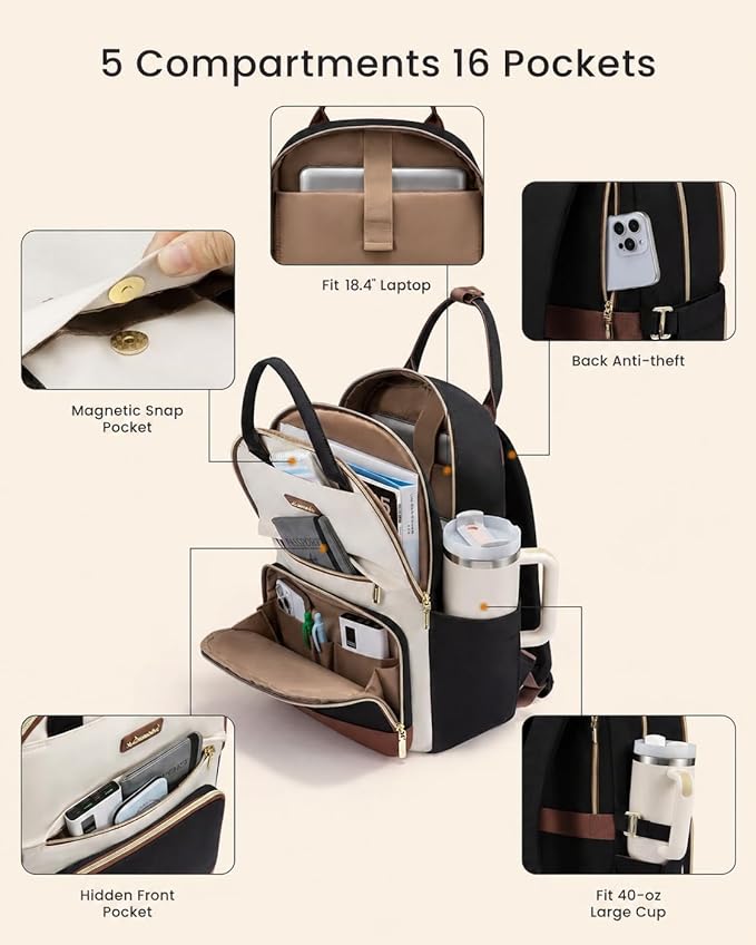 LOVEVOOK Laptop Backpack for Women with Giant Tumbler Holder Pocket, 18 inch Large Travel Work Backpack Purse for Teacher Nurse, Waterproof College Book Bag Cute Casual Daypack, Beige-Black-Brown