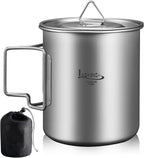Titanium Pot with Lid, Lightweight Camping Pot with Foldable Handles, Portable Titanium Cooking Pot, Backpacking Pot Titanium Cookware with Carry Bag