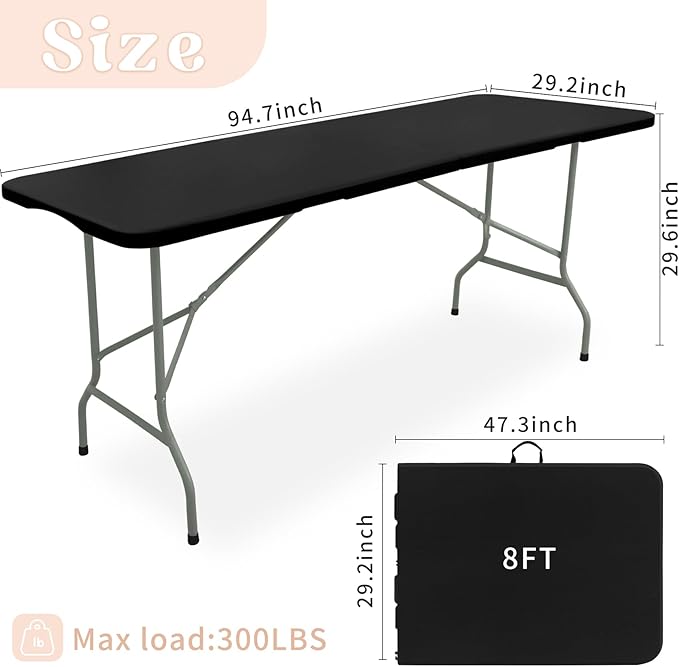 Folding Table 8 FT Camping Table Portable Heavy Duty Plastic Rectangular Outdoor Dining Table Steel Legs Fold-in-Half with Carrying Handle for Indoor,Picnic,Party,Wedding,Events(Black)