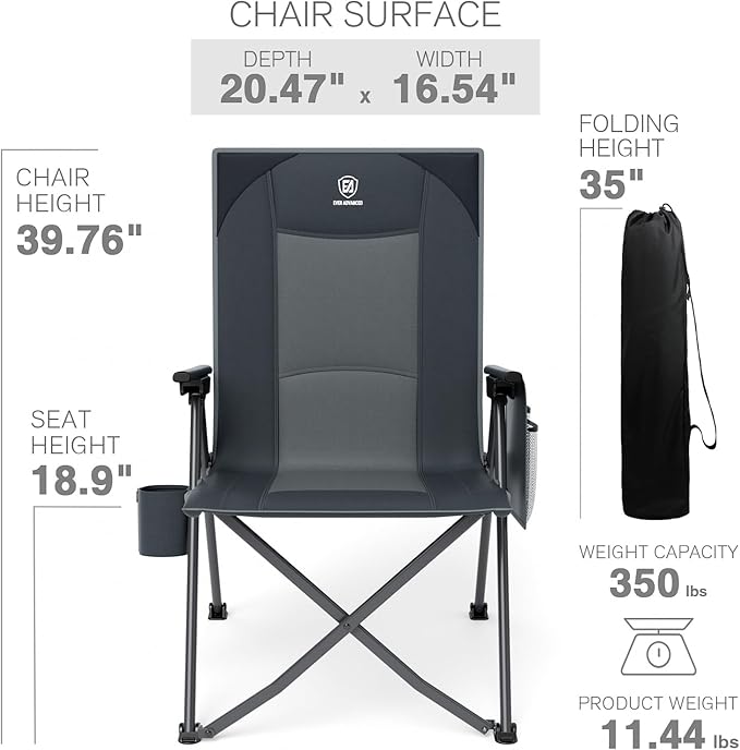 EVER ADVANCED Reclining Camping Chairs for Adult Lightweight, Folding Recliner Chair with Adjustable Back, 4-Level Lounge Chairs, Portable Lawn Chairs for Patio Balcony, Supports 350lbs Grey