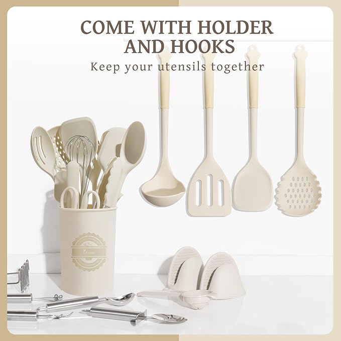 Kikcoin 43Pcs Large Kitchen Utensils Set - Silicone Cooking Utensils Set, Dishwasher Safe Spatula Set for Non-stick Cookware, 446°F Heat Resistant Kitchen Utensils Set with Holder BPA Free, Cream