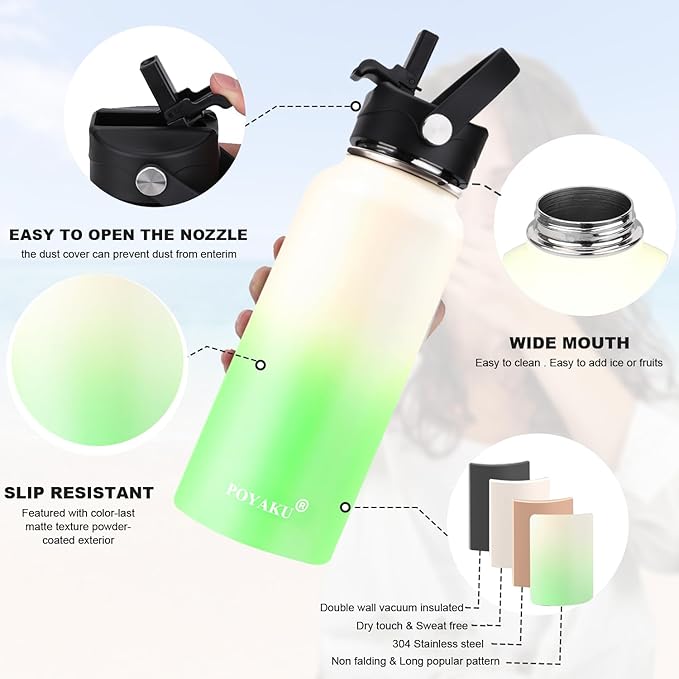 Water Bottle Insulated 32oz 40oz 64oz 128oz Straw Lid Spout Lid & 3 Lids, Leak Proof, Vacuum Insulated,Stainless Steel Water Bottle Wide Mouth for Sports, Gym or Office