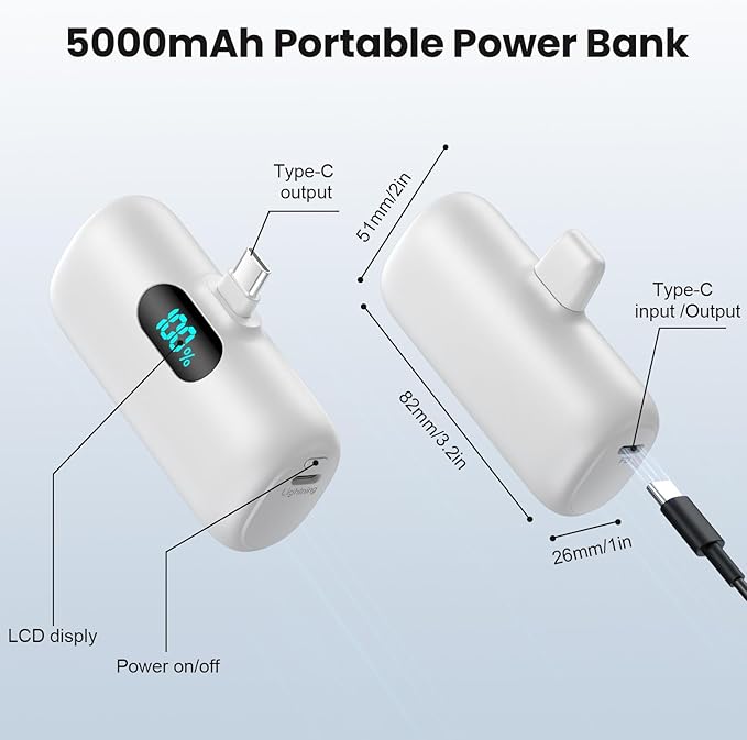 Mini Portable Charger USB C Power Bank,Upgraded 5000mAh PD Fast Charging Battery Pack Built-in USB-C Connector,LCD Display,Compatible with iPhone16,16 Plus,16Pro/Max/15,iPad Pro/Air (Cool White)