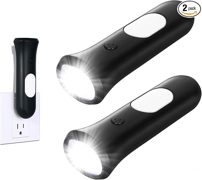 4 in 1 Emergency Power Failure Lights for Home, 2 Pcs Rechargeable LED Flashlight, Automatic Turn-On Power Outage Light Plug in Wall for Snow Storm Weatheready, Black