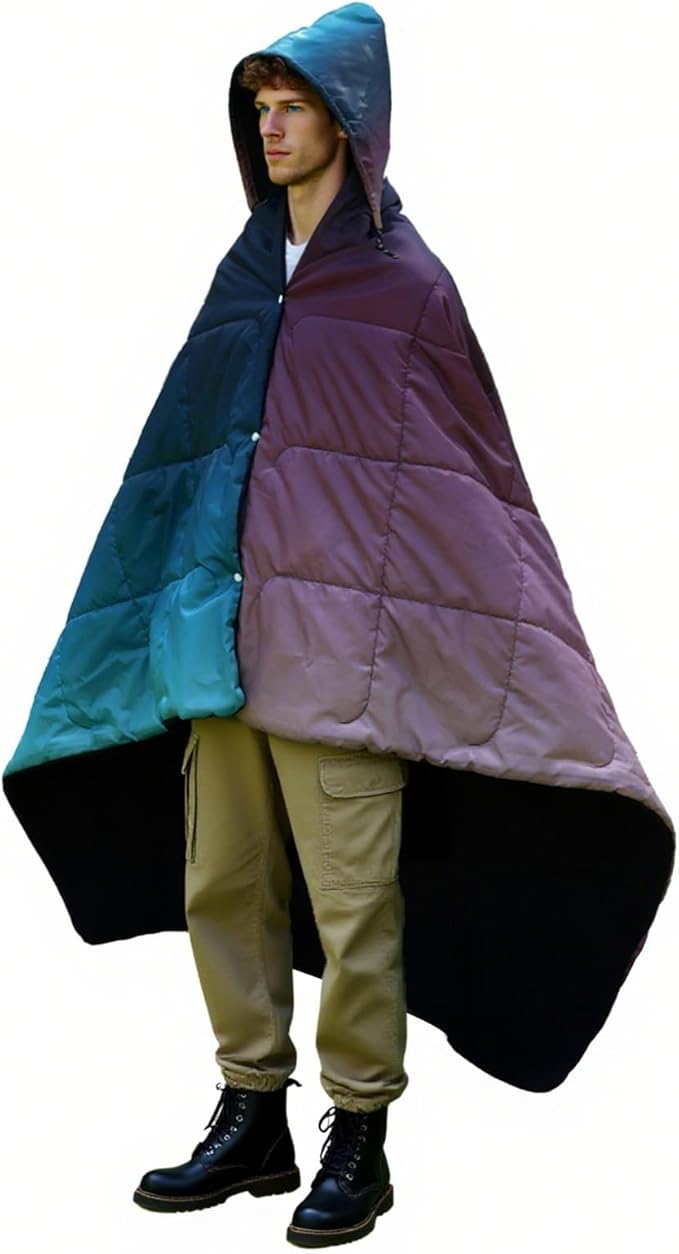 zzlamb Hooded Stadium Blanket,Waterproof Outdoor Camping Blanket Polar Fleece,Warm Windproof Portable for Stadium,Sports,Picnic,Beach,Car,Pets,56x75in Purple Green Fade