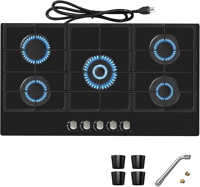 36 Inch Gas Cooktop Propane Stove, 5 Burner Built-in Gas Stove Top with Tempered Glass Panel, NG/LPG Dual Fuel Auto Ignition Propane Cooktop with Thermocouple Protection