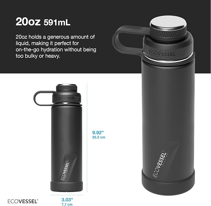 EcoVessel Stainless Steel Water Bottle with Insulated Dual Lid, Insulated Water Bottle with Strainer and Silicone Bottle Bumper, Coffee Mug – 20oz (Lavender Fields)