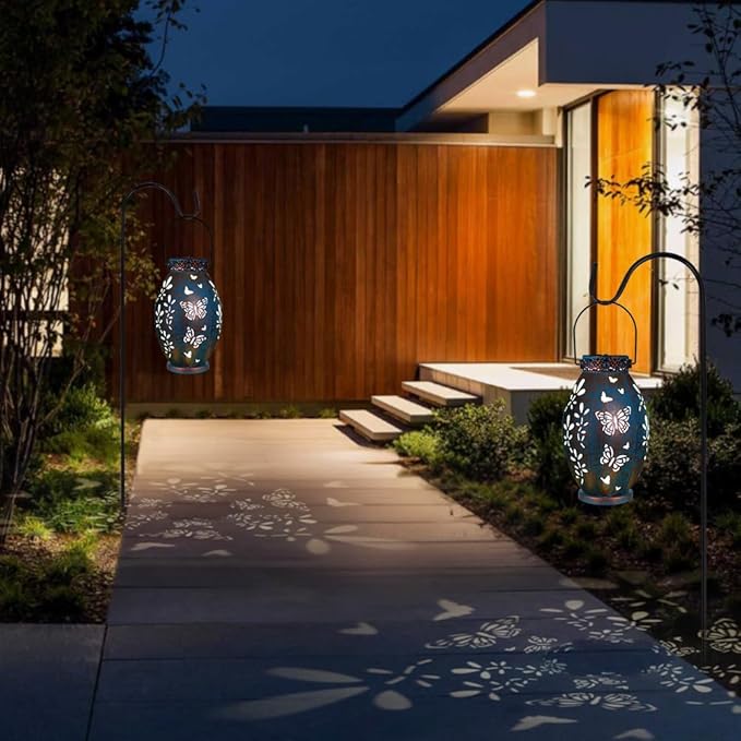 Stargarden 2Pack Outdoor Solar Lanterns, Hollow Out Metal Garden Light Decorative Hanging Lights, Solar Lanterns Outdoor Waterproof for Patio, Lawn, Yard( Blue)