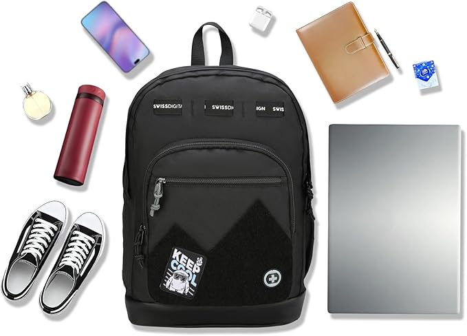 Swissdigital Design Big Student Laptop Backpack with Fun Personalized Patches For College Boy & Girl, Middle High School Teen Bookbag Cool Travel Daypack Black- Includes 3 Patches | SD1718-01