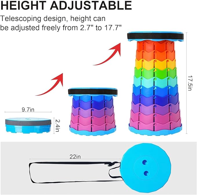 WESAPPINC Upgraded Collapsible Stool, Lightweight & Sturdy,Max 400lbs Portable Retractable Telescoping Stool Foldable Camping Stool for Adults Outdoor Hiking Garden BBQ Fishing (Rainbow)