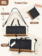 Lekesky Foldable Travel Duffle Bag for Women, Large Duffel Bag with Separate Shoes Compartments & Straps, Carry On Weekend Bag for Women, Hospital, Overnight (Camel & Brown, 80L)