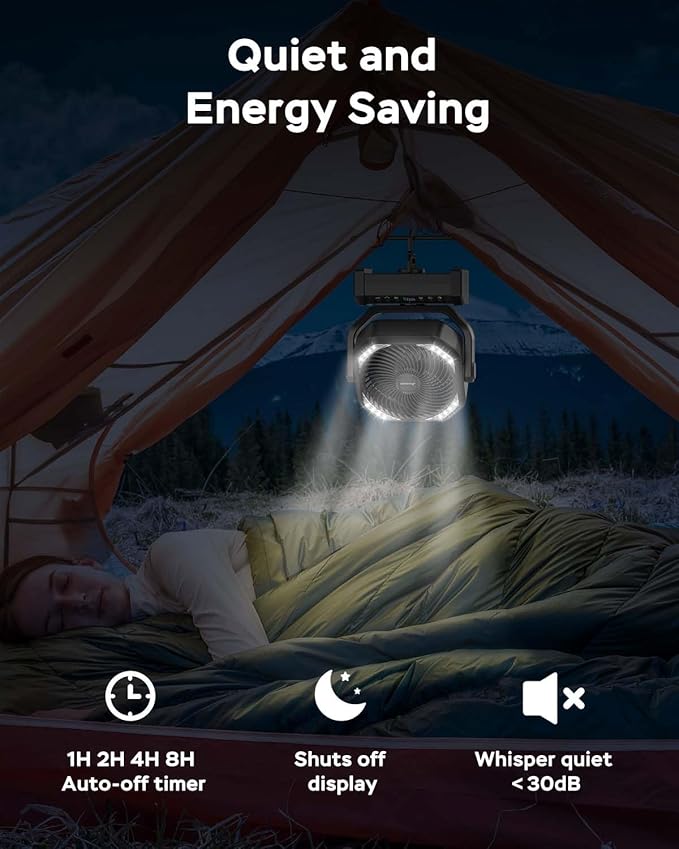 Camping Fan with Light, 20000mAh Rechargeable Battery Operated Fan, 112H Max Cooling Time, 8 Speeds, Digital Display, Remote Control, 270°Pivot with Hook for Tent Car RV Power Outage Hurricane