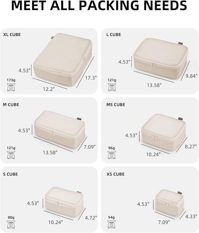 6 Set Compression Packing Cubes, Suitcase Storage Bags for Clothes and Travel Essentials (Cream White)