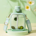 24 Oz Square Transparent Water Bottle, Cute Portable Travel Canteen with Adjustable Strap 700ml (Green)